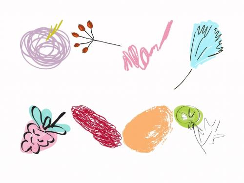 Set of Artistic Hand Drawn Fruits Flowers and Scribbles 579201842