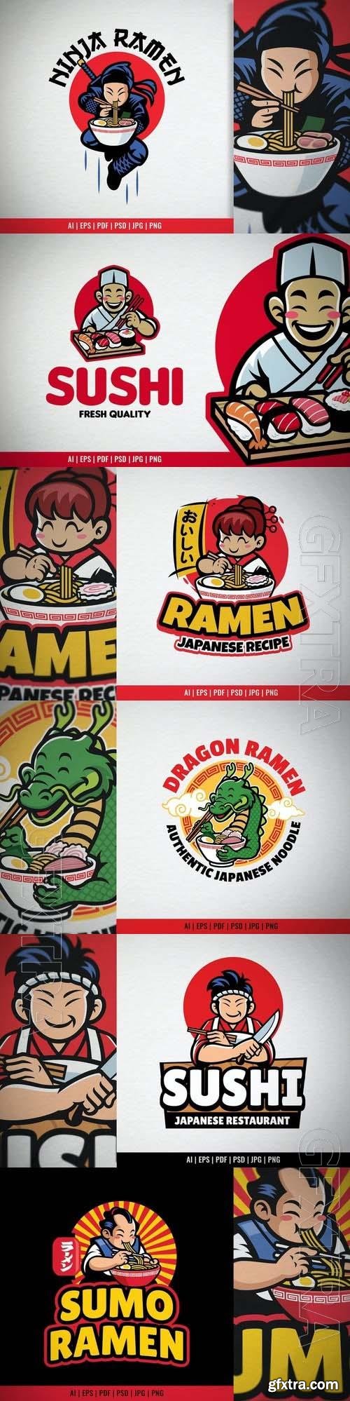 Cartoon sushi chef logo mascot, sumo ramen restaurant