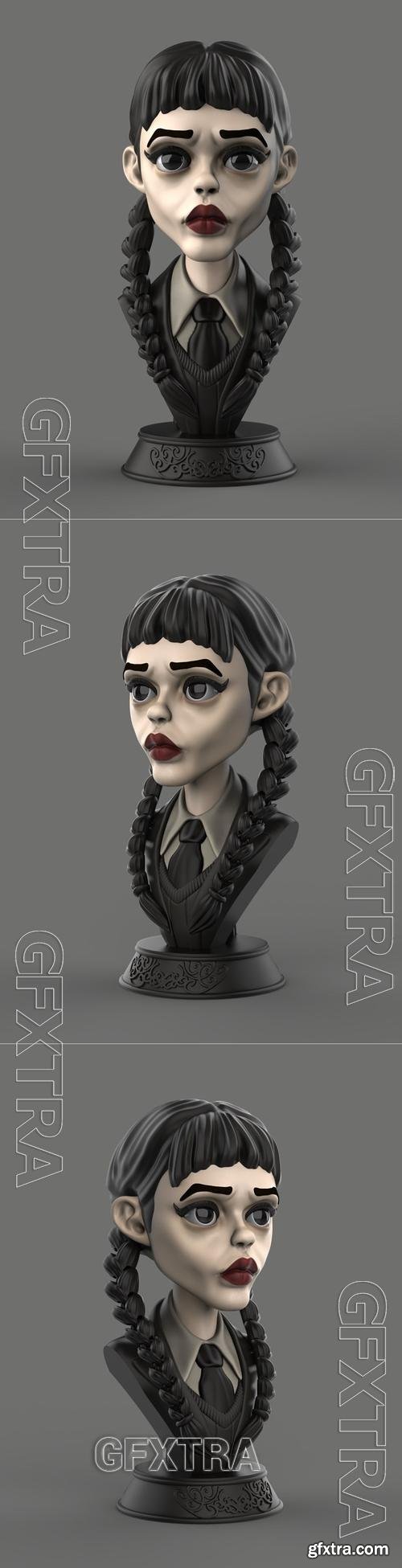 Wednesday Bust with Articulated Pigtails &ndash; 3D Print Model