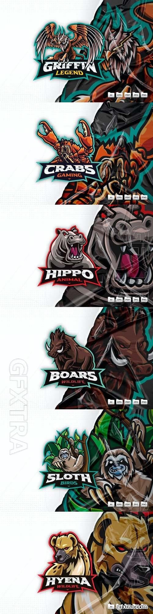 Sloth, hyena, hippo, griffin, crab, boar, mascot logo design