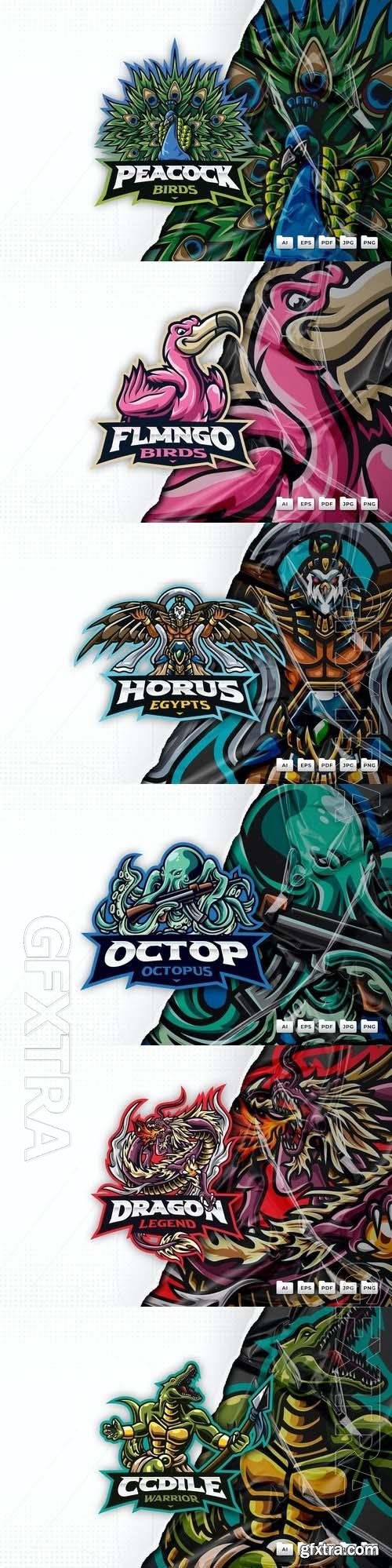 Peacock, octopus, horus, flamingo, dragon, crocodile, mascot logo design