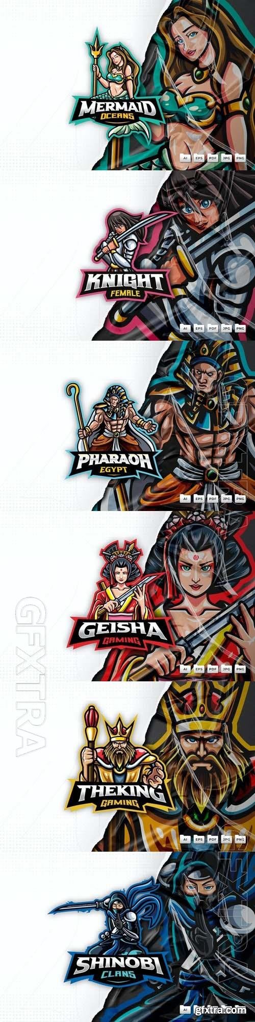 King, shinobi, pharaoh, mermaid, geisha, female knight, mascot logo design