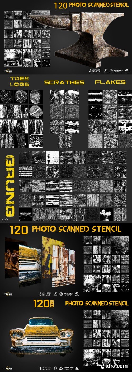 ArtStation - 120+ Stencil library Grunge - Flakes - Weathered wood & Scratches + painted walls series 01