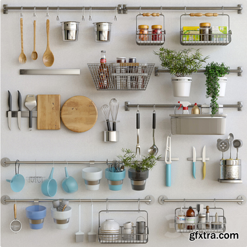 Kitchen utensils with spices, groceries and flowerpots