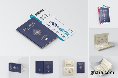 Open Passport and Cover Realistic Psd Mockups Set NDS9R87