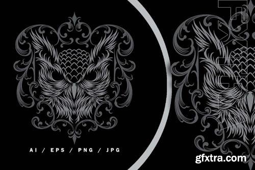 Grey Ornament Heraldic Owl Bird Logo Illustration