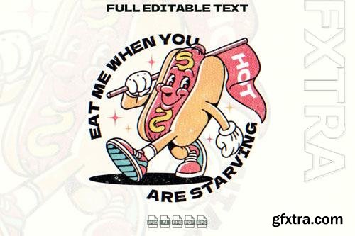 Retro Hotdog holding a Flag Mascot Illustration