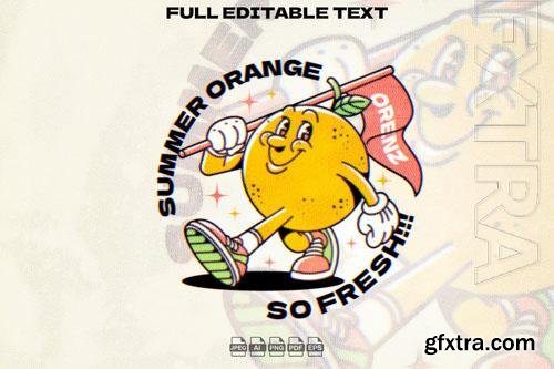 Retro Orange Fruit with Flag Mascot Illustration