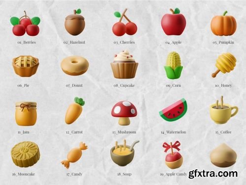 3D Icon Illustration Set - Autumn Food Theme Ui8.net