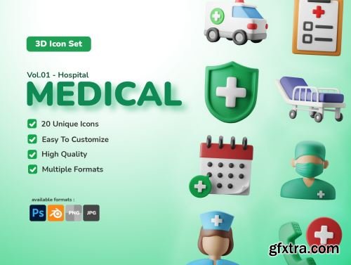 3D Icon Illustration Set - Medical Vol. 01 - Hospital & Clinic Ui8.net