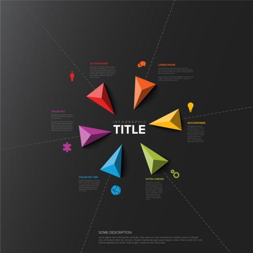 Six arrows pointing to the center dark infographic template 574308504