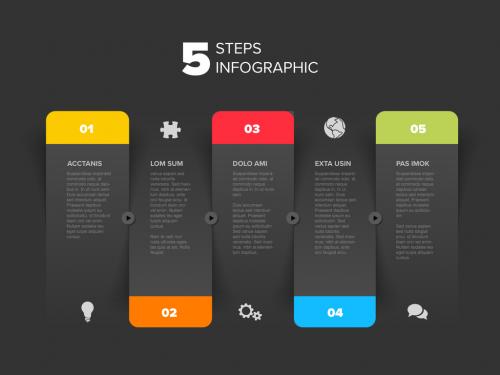 Five dark gray steps progress page template with color borders, numbers and icons 574308506