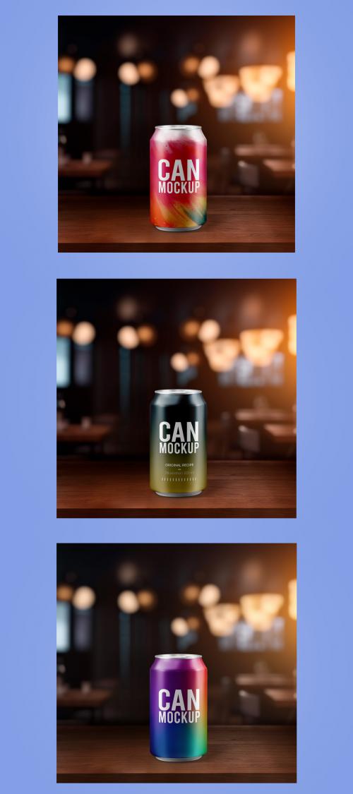 Can Mockup on Wooden Table in Defocused Pub 586241873