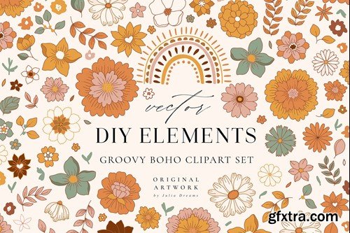 Groovy Boho Flowers Clipart Set V9TWN22