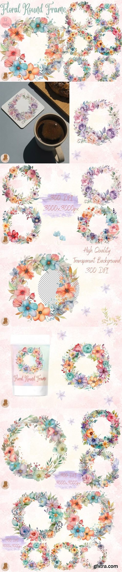 Watercolor Floral Frames PNG Clipart Pack