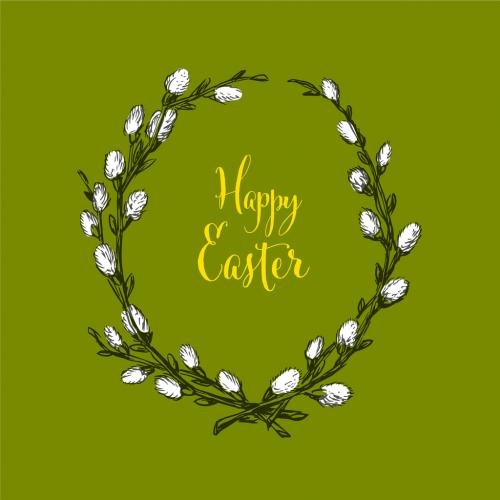 Happy Easter hand drawn ink card template with catkin spray drawing on green background 569529960