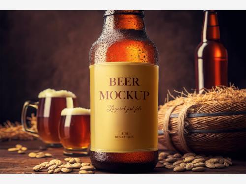 Horizontal View of a Bottle of Beer and a Beer Glasses Mockup on the Wooden Table Generative AI 581845852