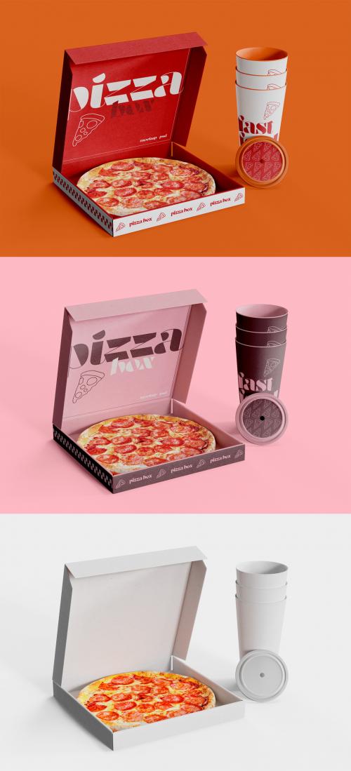 Pizza Box with Cardboard Cup Mockup 583665483