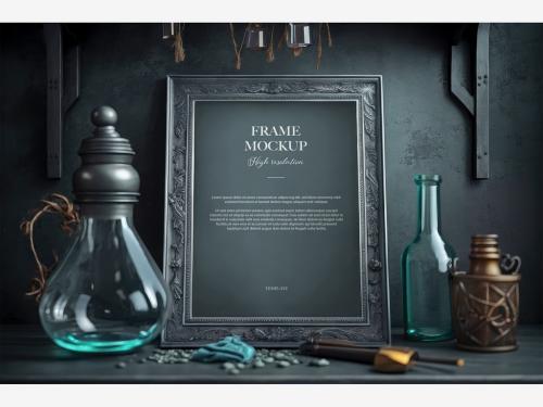 Artistic Picture Frame Mockup with Bottle and Decorations Generative AI 584332127