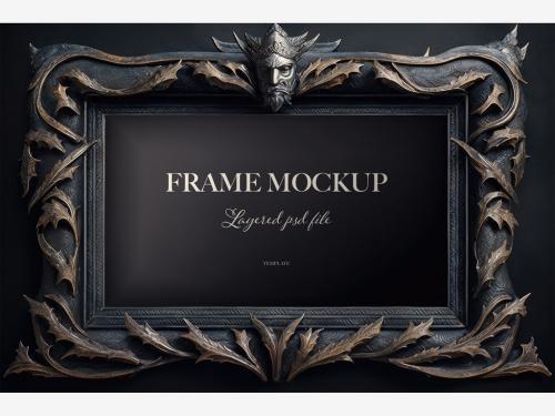 Detailed Wooden Picture Frame Mockup with a Warrior SkullGenerative AI 584339194