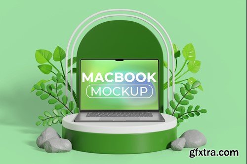 Laptop Nature podium Mockup 5VFD3YJ