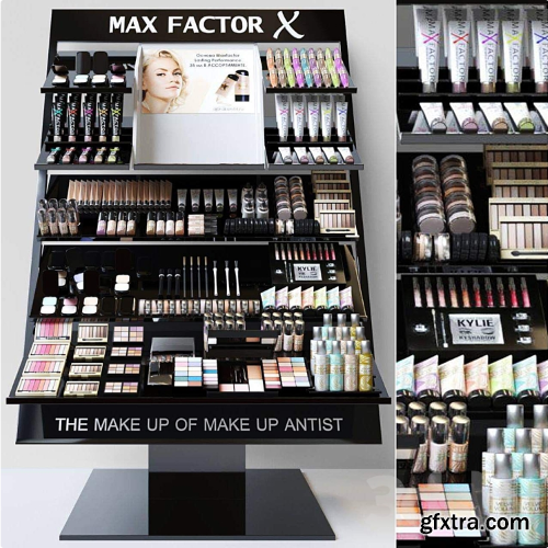 Showcase with professional cosmetics for beauty salons or duty free. Make up 3