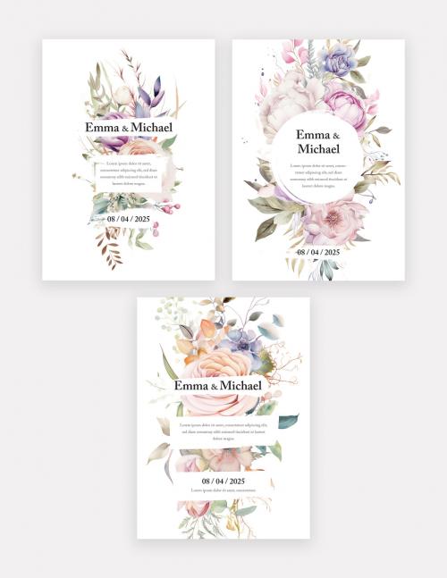 Wedding Invitation Layouts With Watercolor Floral Elements Made With Generative AI 585752428