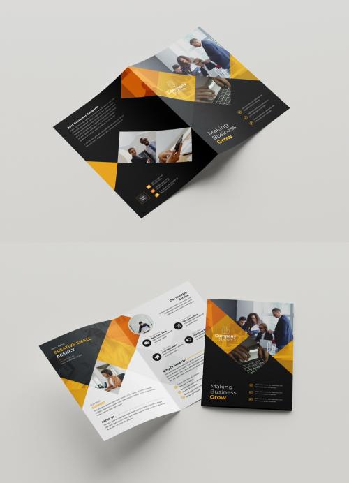 Bifold Brochure Layout with Abstract Elements and Orange Accents 579339061