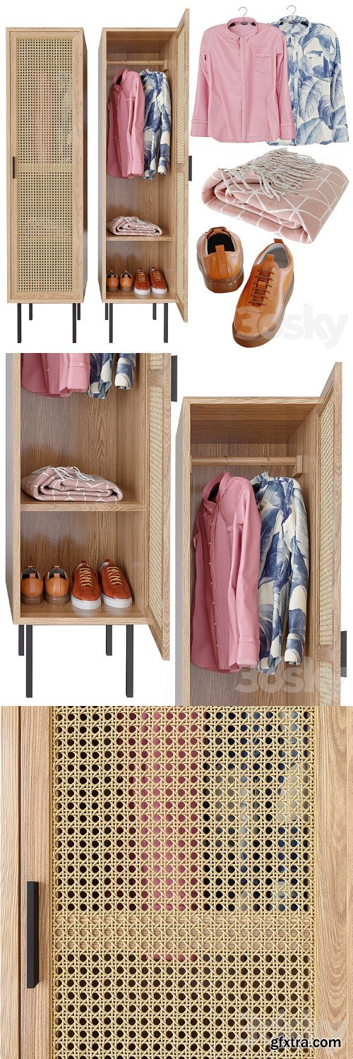 WASKA Wardrobe with hangers with 1 wicker door 3d model