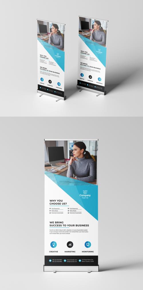 Corporate Rollup Banner Layout with Graphic Elements and Blue Accents 580216647