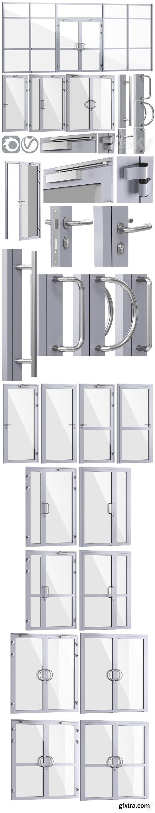 Glass fire doors and partitions, a set of handles