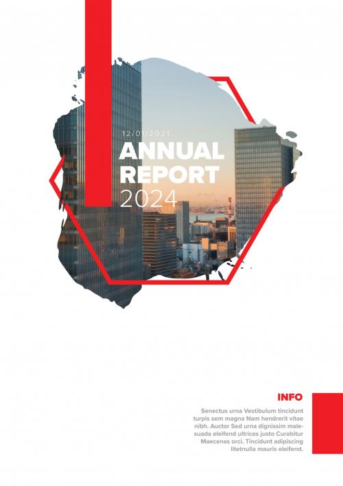 Light annual report front cover page template with photo in brush hexagon frame and red accent 581767525