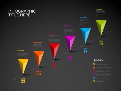 Dark timeline with six triangle arrow pointers on a diagonal line 581767549