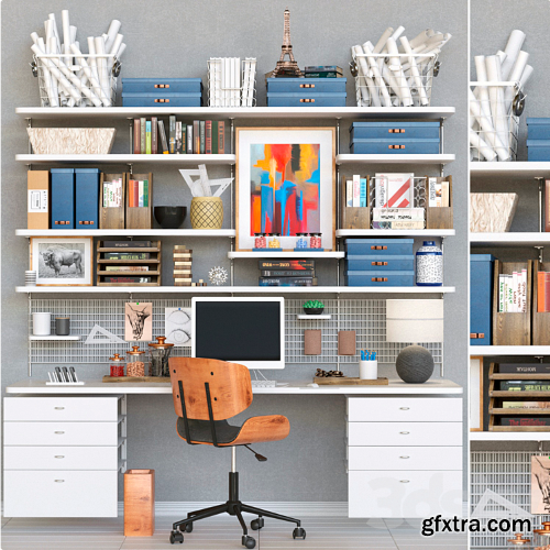 Collection of office furniture. Table with chair and stationery 10