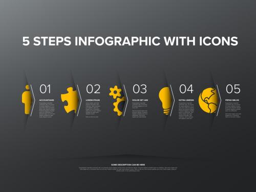 Five steps progress page template with big yellow icons 574308376