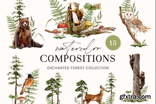 Enchanted Forest Watercolor Compositions Animals LYEB3QS