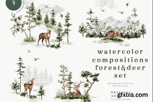 Evergreen Watercolor Forest Deer Compositions WF9G5FN