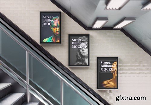 Subway Scene with 3 Advertisement Posters Mockup TCCVZP2