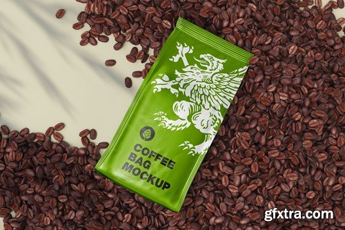 Scene with Metallic Coffee Bag and Beans Mockup ZVQUKML