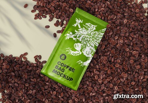 Scene with Metallic Coffee Bag and Beans Mockup ZVQUKML