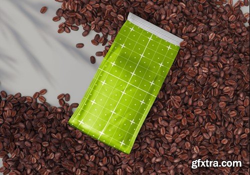 Scene with Metallic Coffee Bag and Beans Mockup ZVQUKML