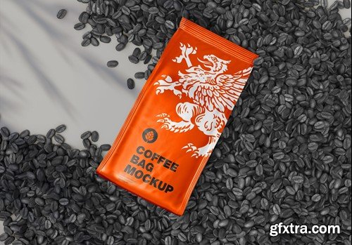 Scene with Metallic Coffee Bag and Beans Mockup ZVQUKML