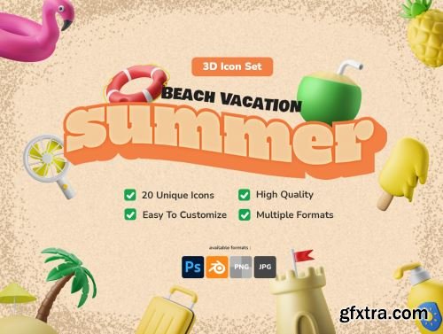 3D Icon Set - Summer Theme Beach Vacation Ui8.net