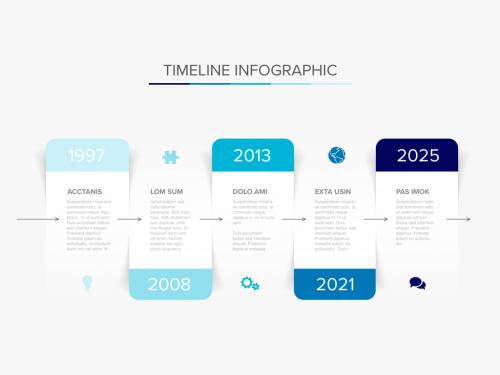 Simple minimalistic horizontal timeline template on white paper blocks with shadows and blue accent 575936155