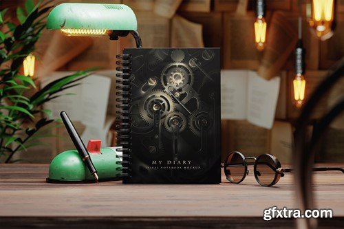 Spiral Notebook in Vintage Workspace Mockup SKBJEDE