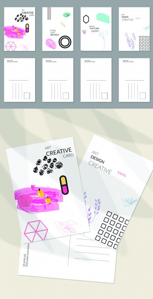 Postcard Layout with Hand Drawn Abstract Floral Doodles and Geometric Shapes 555752823