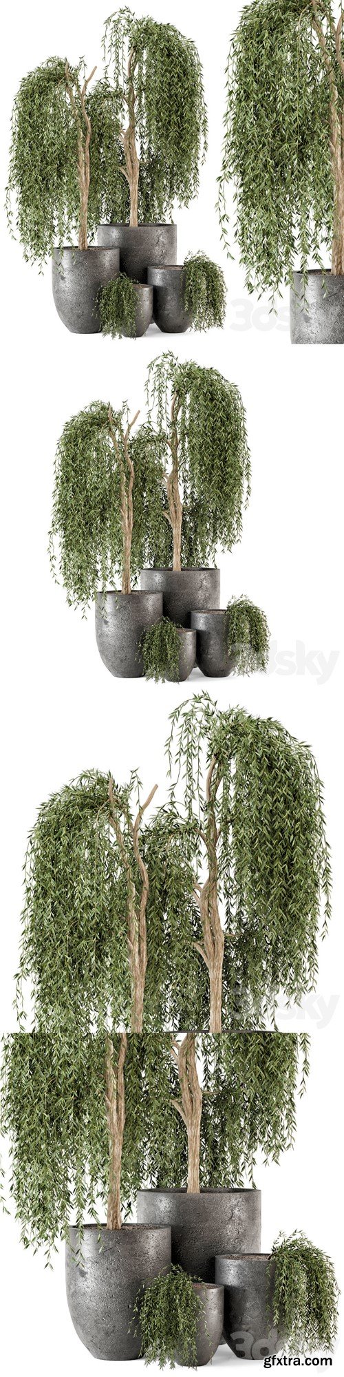 Outdoor Plants bush and Tree in rusty Dark Concrete Pot - Set 52