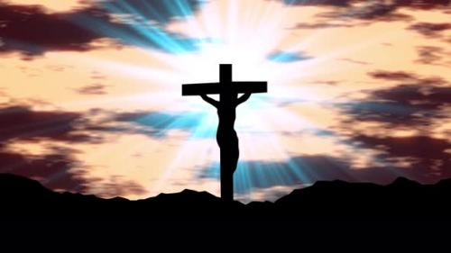 Videohive - Jesus Christ On The Cross With Bright Shine Sun Effects. Animation Background With Bright Light Shin - 47490936 - 47490936