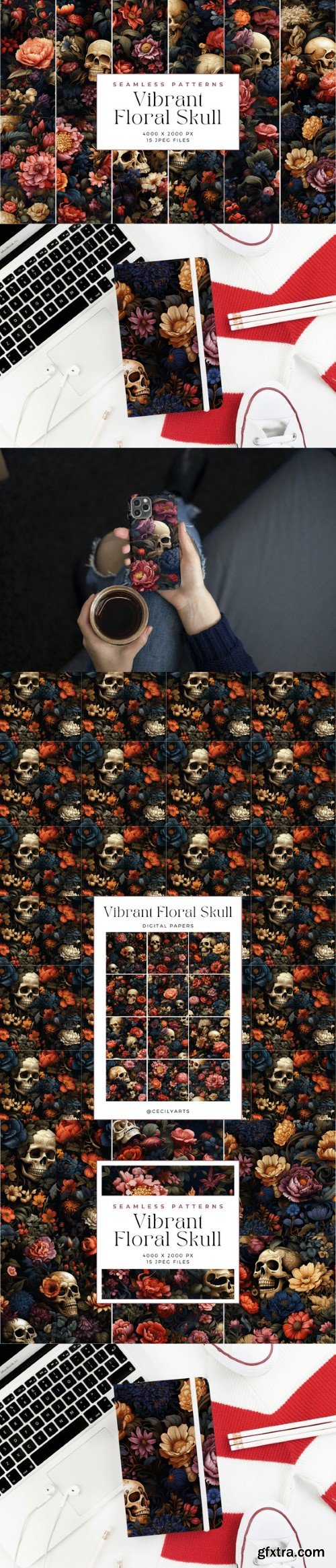 Vibrant Floral Skull Seamless Pattern