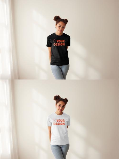 Mockup of woman wearing t-shirt with customizable color and design, front view 634459040